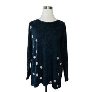 JESS & JANE MINERAL WASH Polka Dot BLACK Dolman TOP M Medium Button